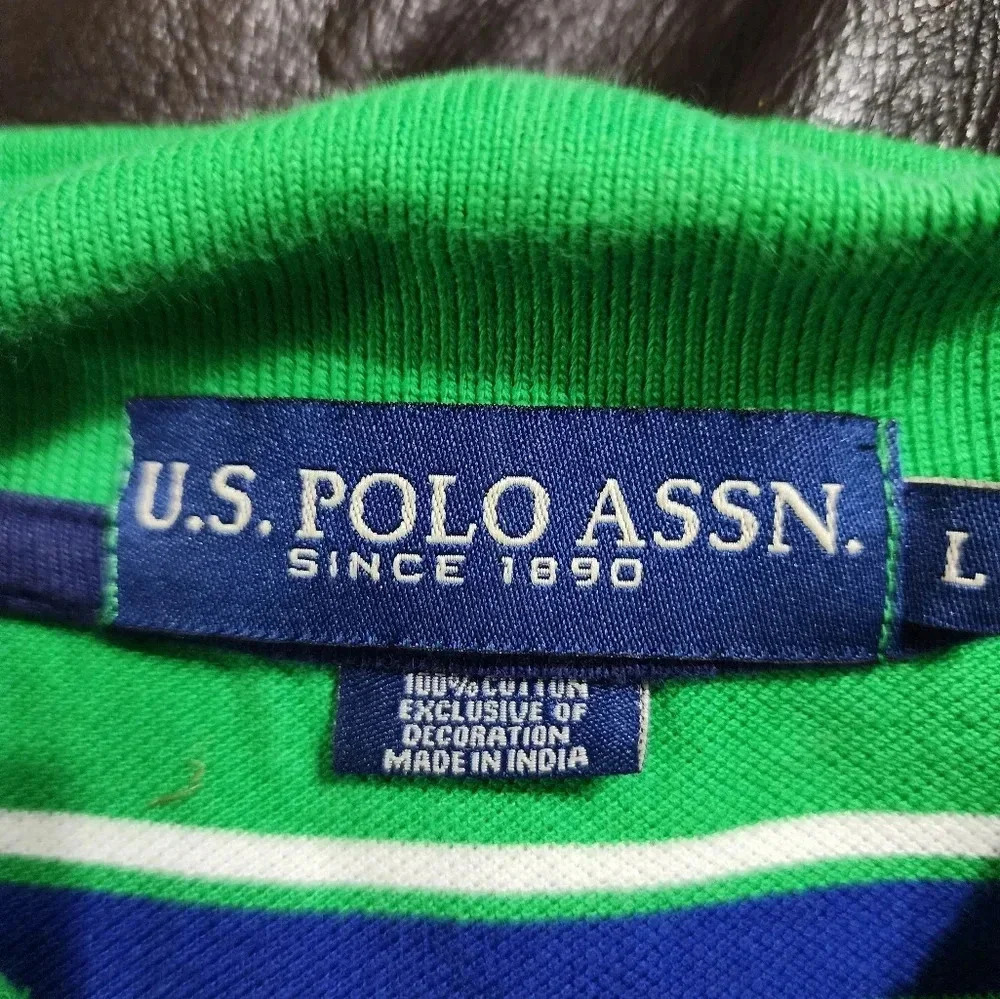 US Polo Assn Men's Polo Shirt Large Green Blue Striped Embroidered Logo Sleeve - Picture 7 of 10